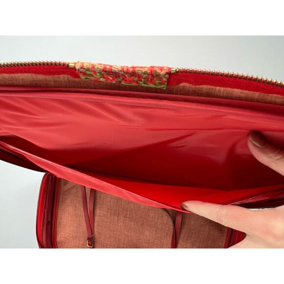 Vintage Suitcase Plaid Made in Japan Red Vinyl Pockets Zipper Retro Travel - Picture 13 of 16
